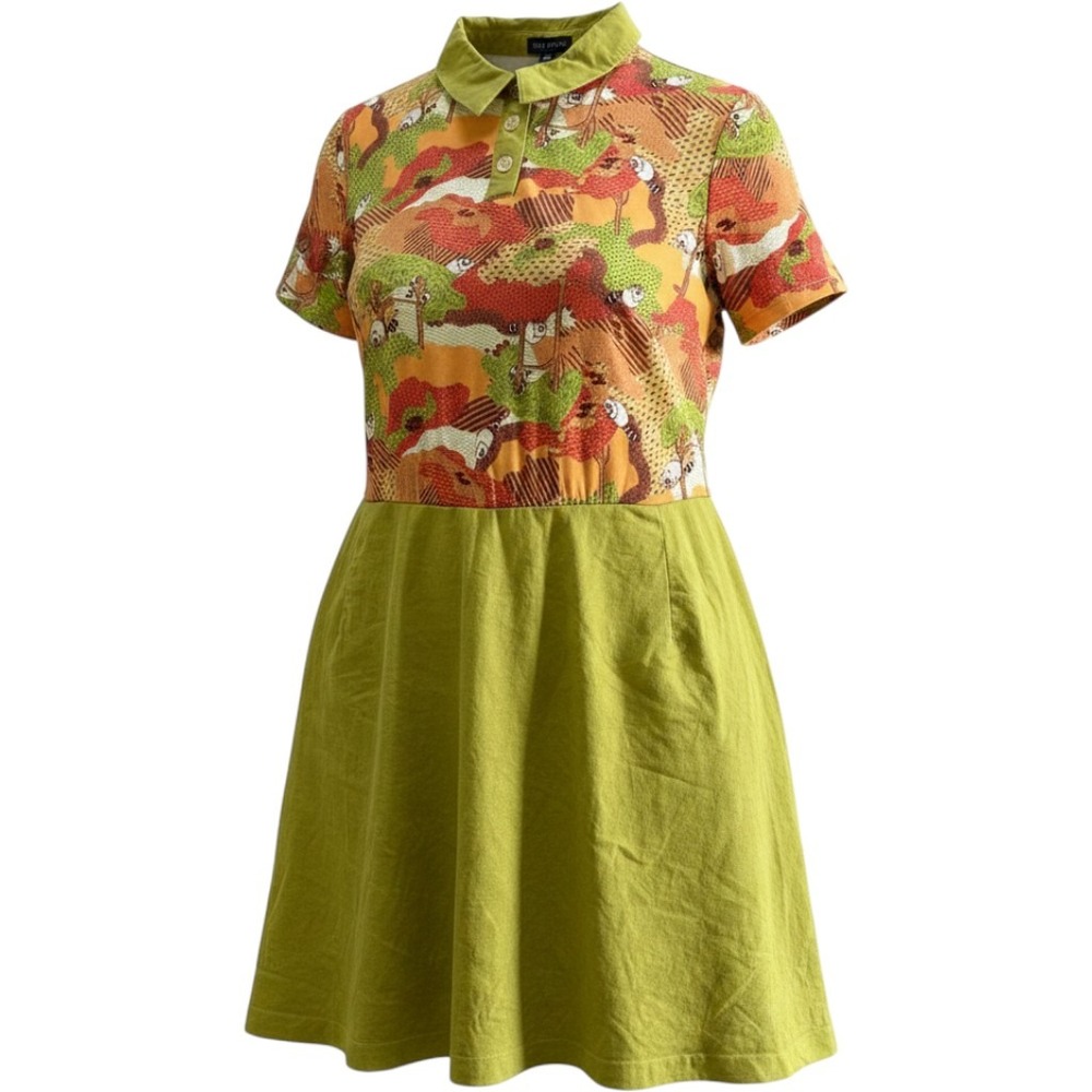 Smak Parlour Raccoon Print Polo Dress Green Multi Color Short Sleeve Pockets 2X